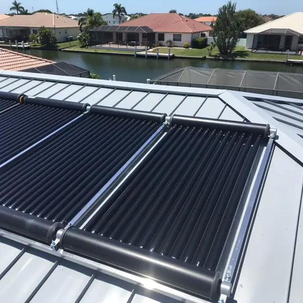 Black solar pool panels with stainless straps Black solar pool panels with stainless straps