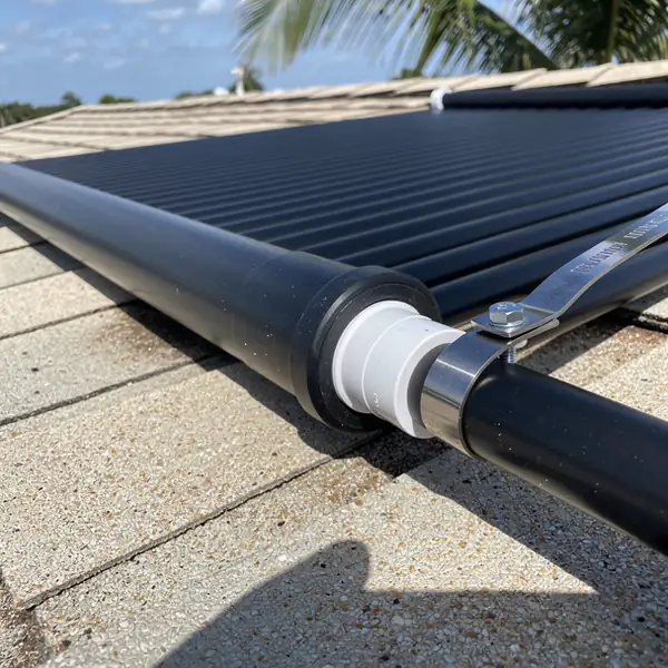 Repaired solar pool panel header on roof