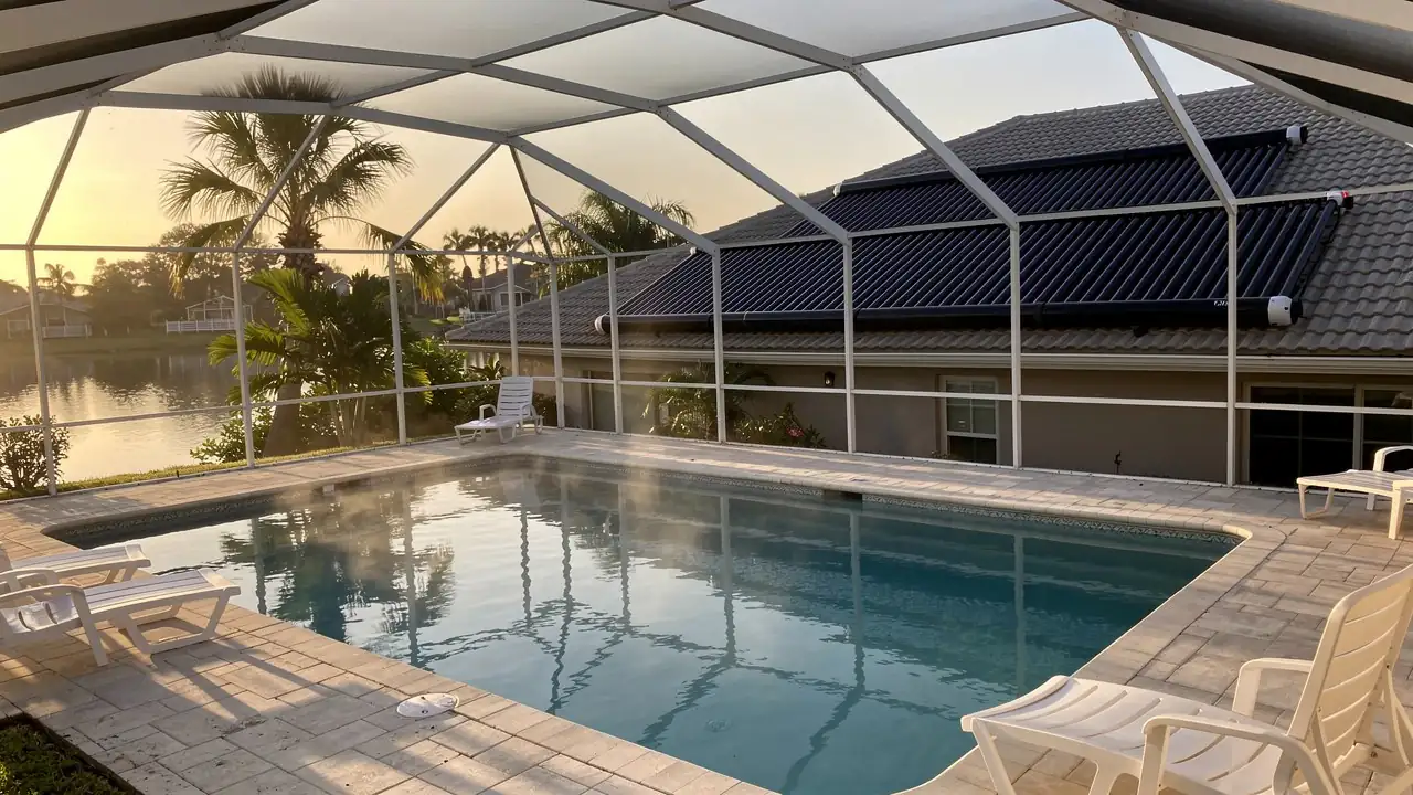 Solar heated pool under screened cage Solar heated pool under screened cage