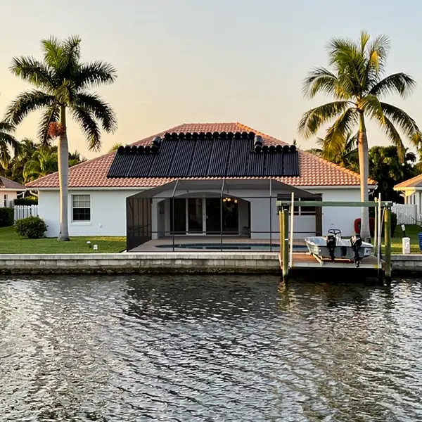 Solar pool panels above Cape Coral canal Solar pool panels above Cape Coral canal