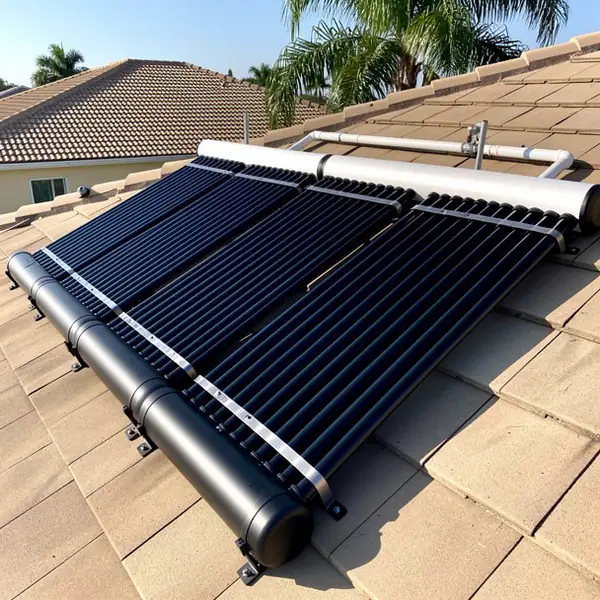 Solar pool panels strapped to tile roof