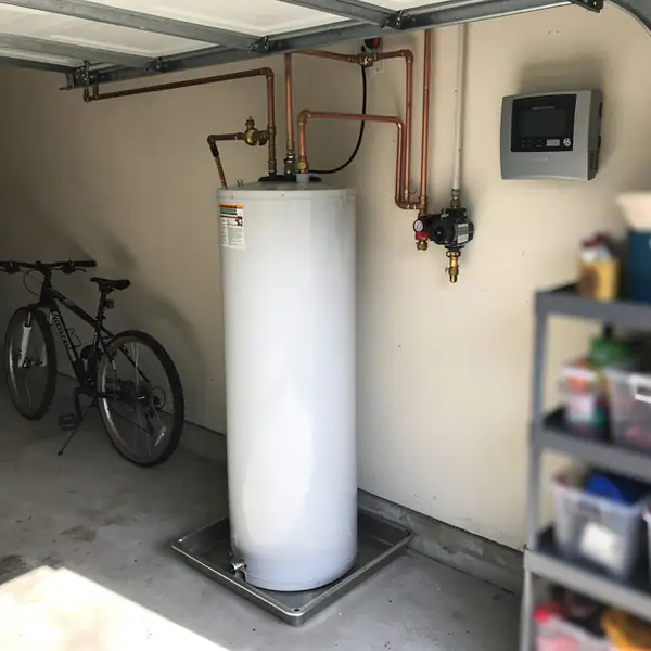 Solar storage tank and mixing valve, garage