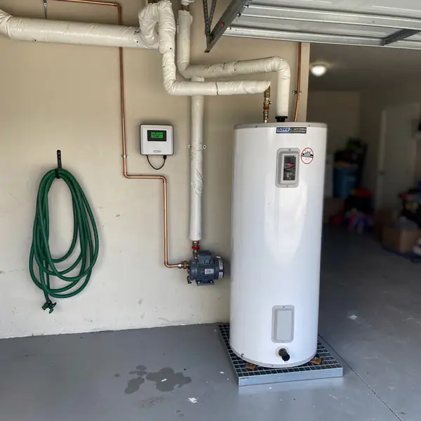 Solar storage tank serviced in garage
